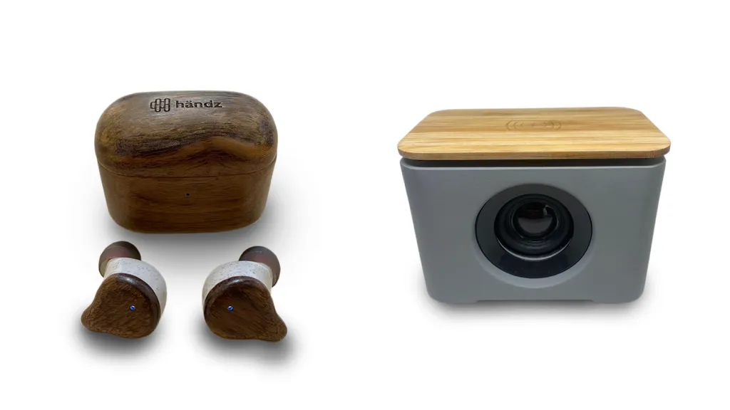 Fone de ouvido Händz Air Eco de madeira e caixa de som de cimento e bambu são os próximos lançamentos da marca (Imagem: Reprodução/Händz)