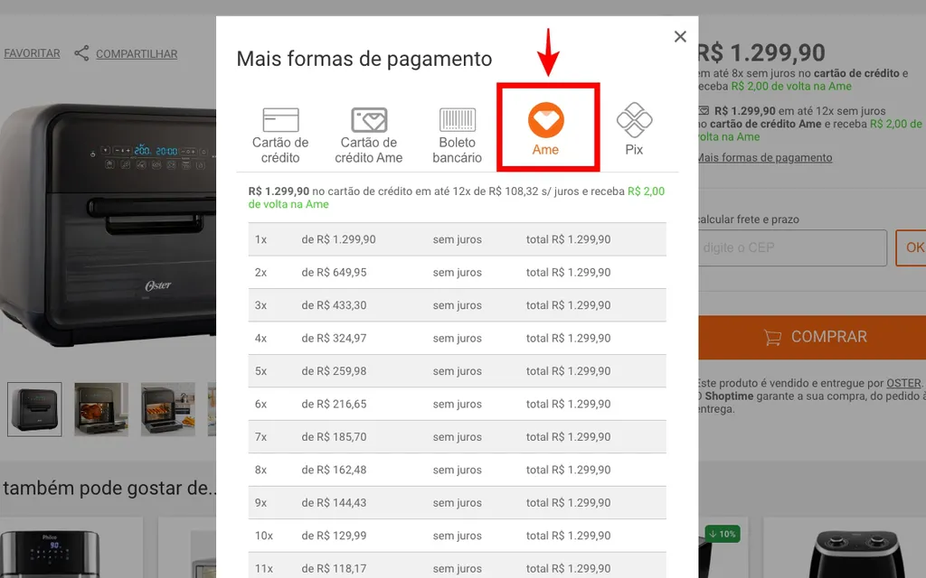 Acesse as opções de pagamento para visualizar e resgatar cashback Ame (Captura de tela: Caio Carvalho)
