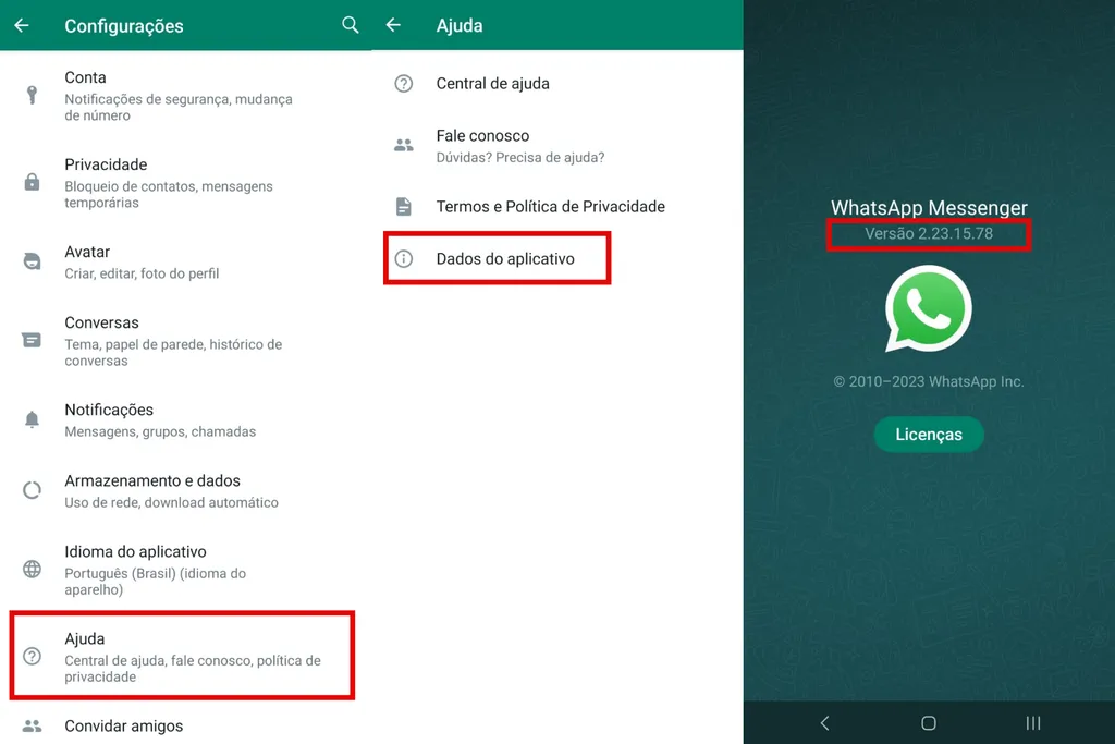 Verificação mostra que exemplo não é a versão Beta do WhatsApp para Android (Imagem: Captura de tela/Guilherme Haas/Canatech)