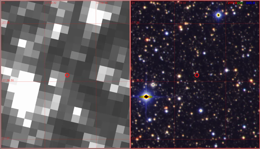 À esquerda, o centro da galáxia observado pelo Kepler, e à direita, pelo telescópio Canada-France-Hawaii Telescope (CFHT); no centro da imagem, aparece a distorção na luz de uma estrela, causada pela gravidade do planeta (Imagem: Reprodução/University of Manchester)