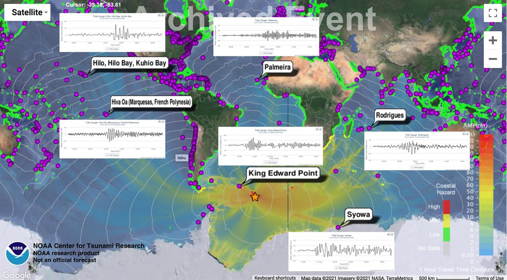 O tsunami produzido pelo abalo sísmico percorreu mais de 10.000 km de distância (Imagem: Reprodução/NOAA)