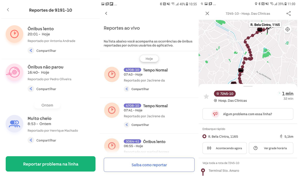 Report do Usuário no app da Quicko: informações em tempo real sobre as condições do transporte público (Imagem: Quicko)