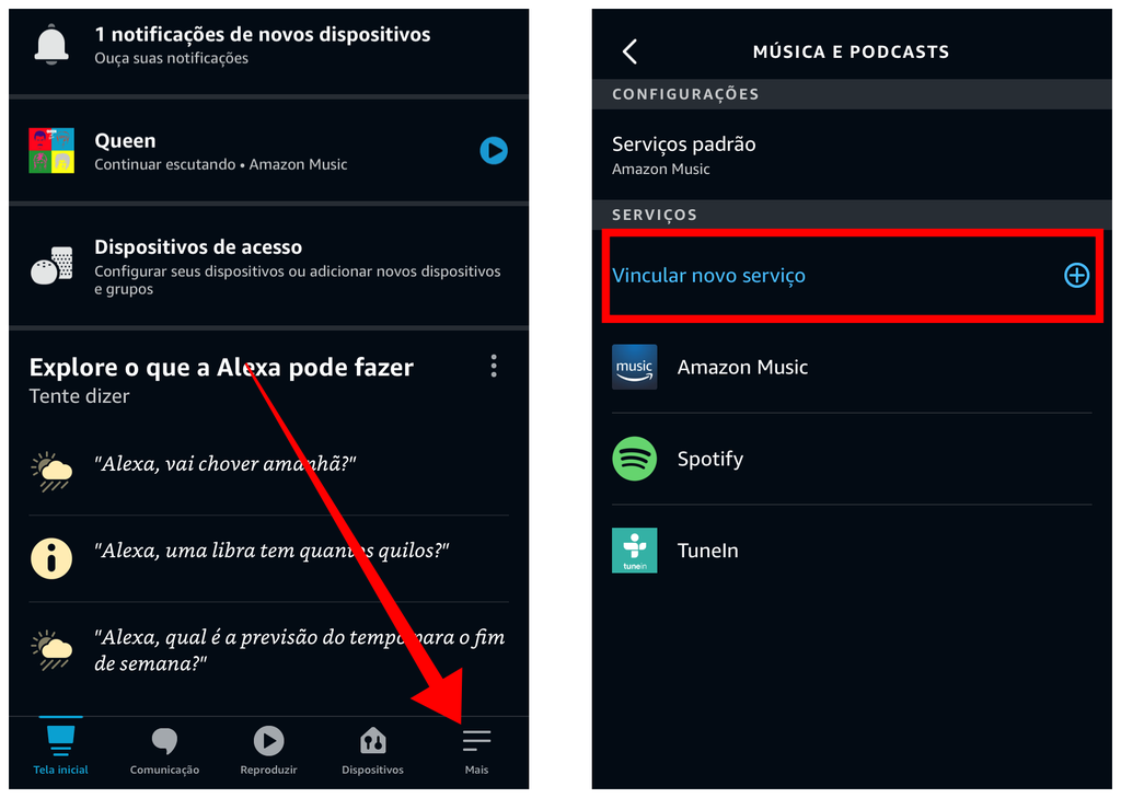 Toque em "Vincular novo serviço" para adicionar sua conta no aplicativo da Alexa (Captura de tela: Canaltech)