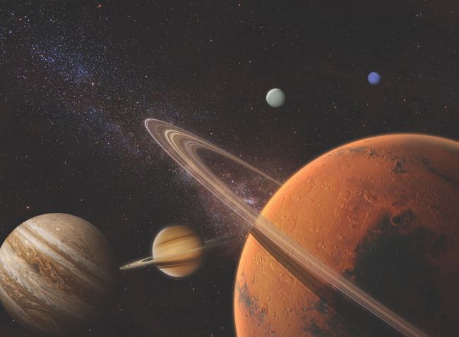 Ilustração de Marte tendo anéis, e outros planetas do Sistema Solar (Imagem: Future)