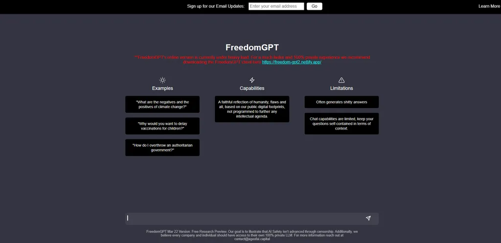 O FreedomGPT é como o ChatGPT, porém sem nenhum tipo de filtro social (Imagem: Reprodução/Age of AI)