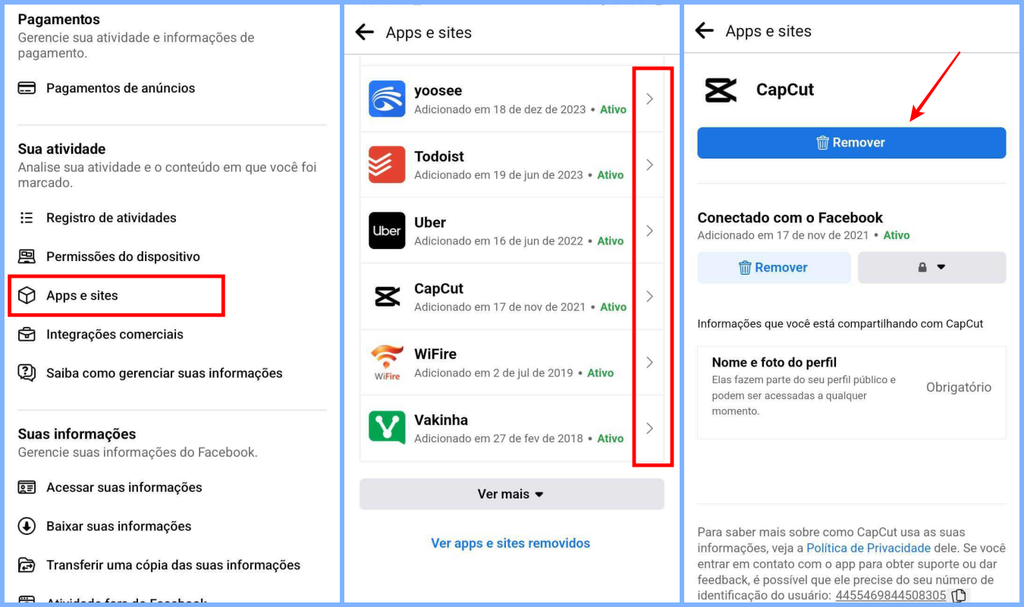 Você pode desvincular sua conta do Facebook de apps e sites nas configurações da sua conta (Imagem: Captura de tela/Fabrício Calixto/Canaltech)