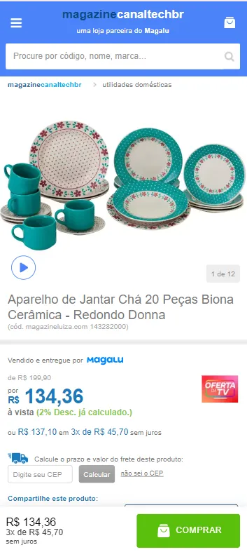 Aparelho de Jantar Chá 20 Peças Biona Cerâmica Redondo Donna