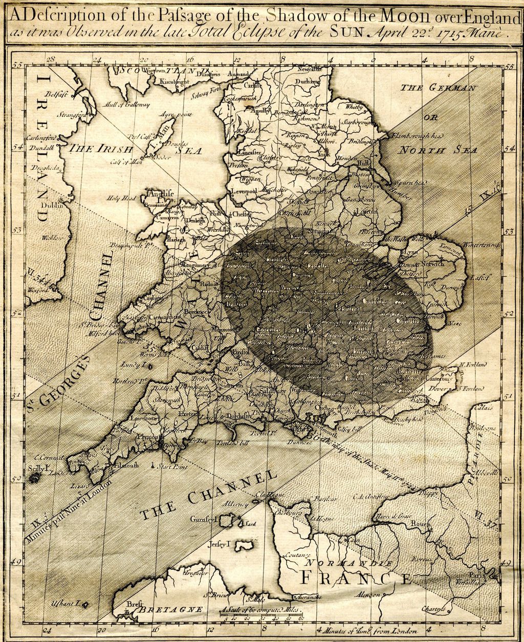 Mapa do eclipse de 1715 por Edmond Halley (Imagem: Edmond Halley)