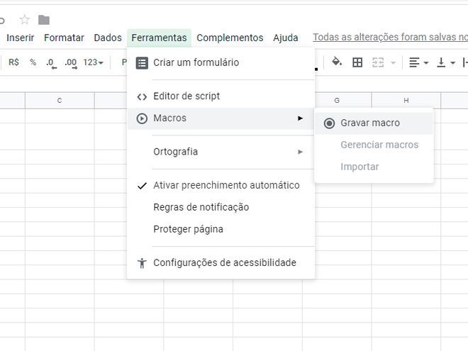 Google Sheets permite gravar comandos frequentemente usados (Foto: Reprodução/André Magalhães)