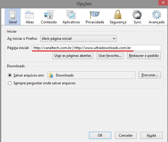No Firefox, para definir mais de um site como página inicial, separe os endereços com No Firefox, para definir mais de um site como página inicial, separe os endereços com