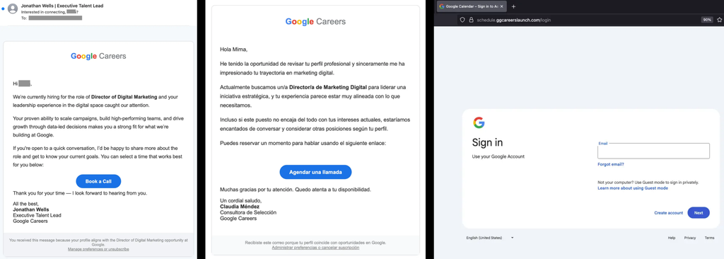 Mensagens falsas de e-mail oferecendo vagas na Google, incluindo página de login imitando a verdadeira em detalhes (Imagem: Sublime Security)