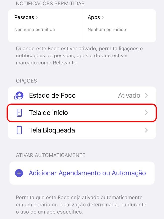 Os ajustes de tela de inicio do modo de Foco incluem as notificações por balão - Captura de tela: Thiago Furquim (Canaltech)