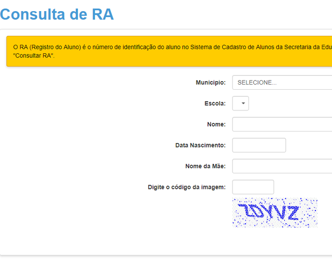 Insira as informações necessárias e digite o código exibido para acessar seu RA Escolar (Captura de tela: Ariane Velasco)