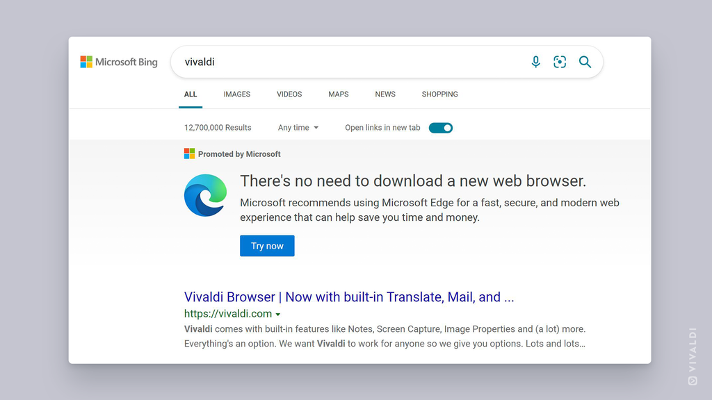 Quando procura pelo Vivaldi através do Bing, a Microsoft promove o próprio navegador (Imagem: Reprodução/Vivaldi)