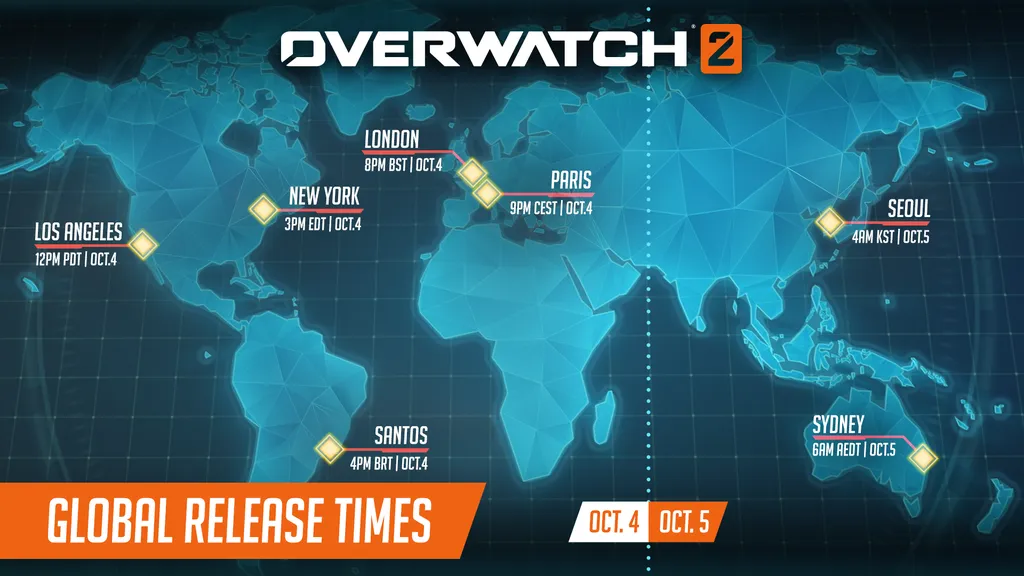 Mapa oficial da Blizzard mostra horários de lançamento de Overwatch 2 ao redor do mundo. (Imagem: Divulgação/Blizzard)