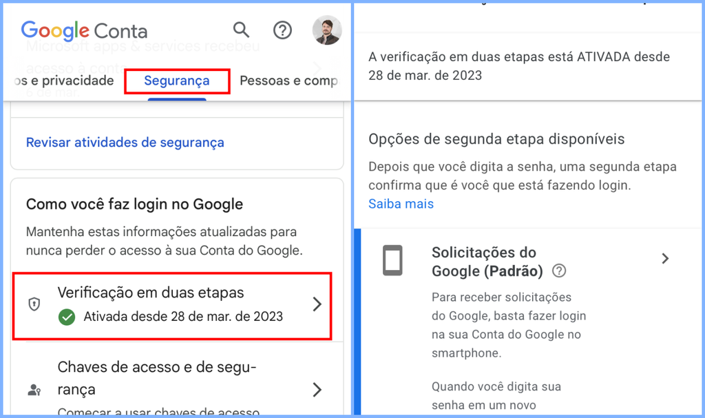 A conta do Google oferece verificação em duas etapas para melhorar sua proteção (Imagem: Captura de tela/Fabrício Calixto/Canaltech)