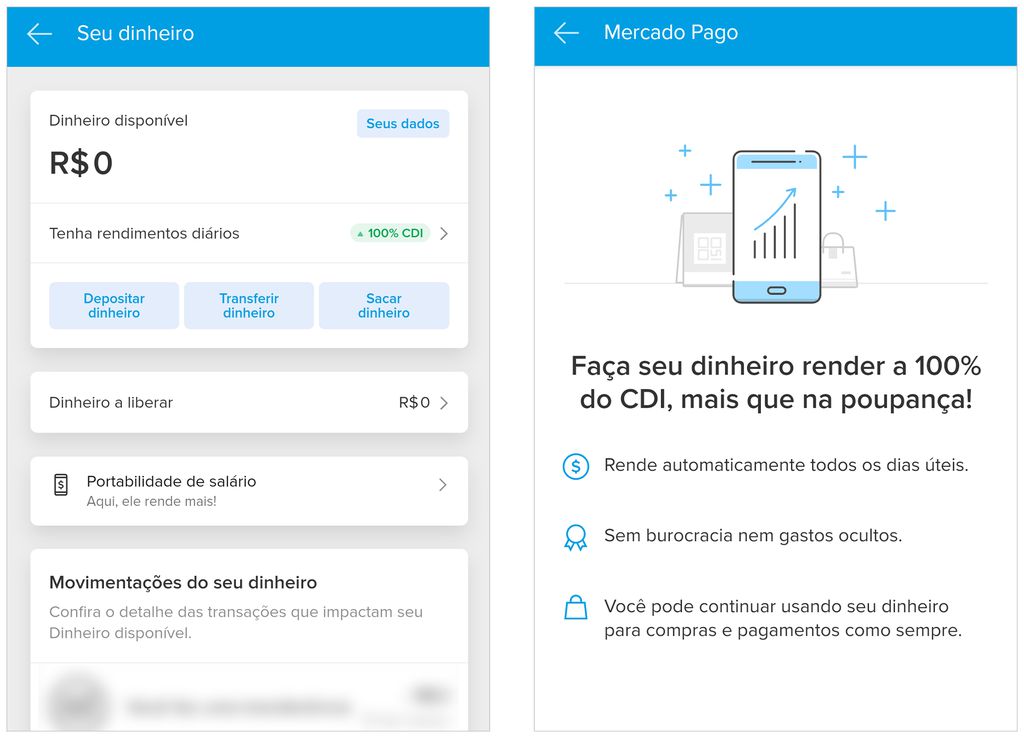 Carteira digital do Mercado Pago é alternativa para a poupança (Captura de tela: André Magalhães)