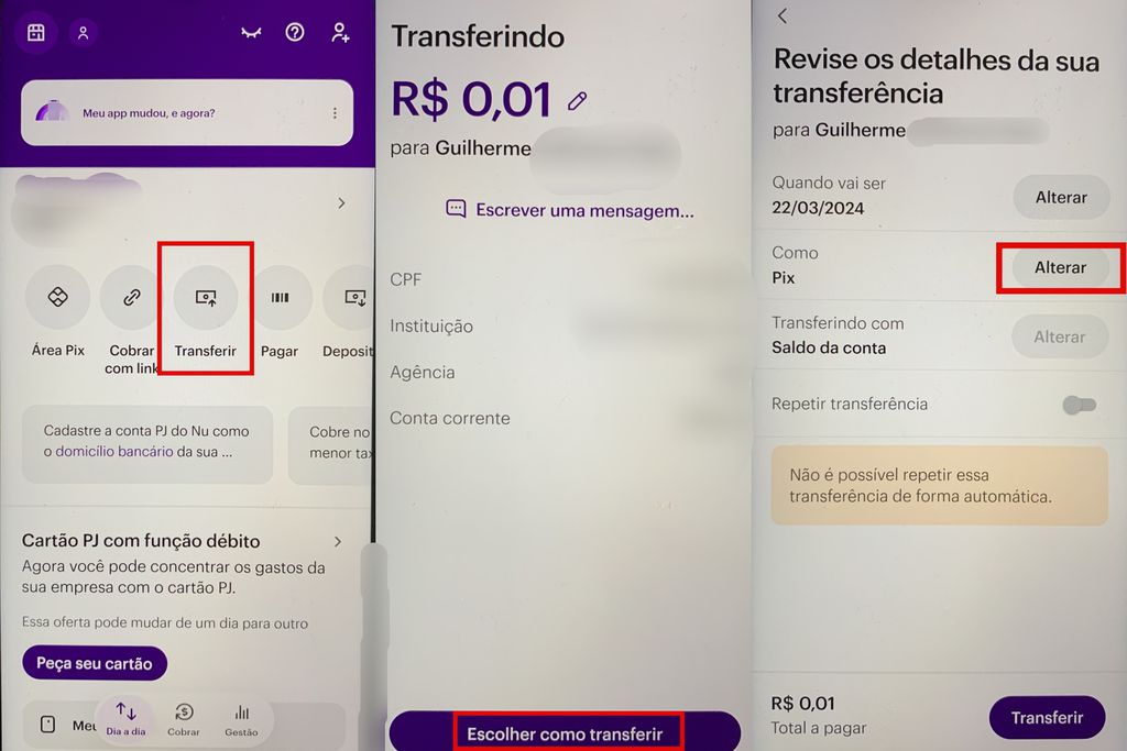 Para fazer uma TED no Nubank é preciso alterar a forma de transferência no aplicativo (Imagem: Guilherme Haas/Canaltech)