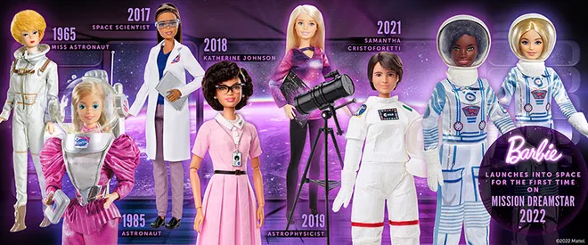 Linha do tempo mostrando a evolução das bonecas Barbie inspirada em astronautas e cosmonautas da história (Imagem: Reprodução/Mattel)