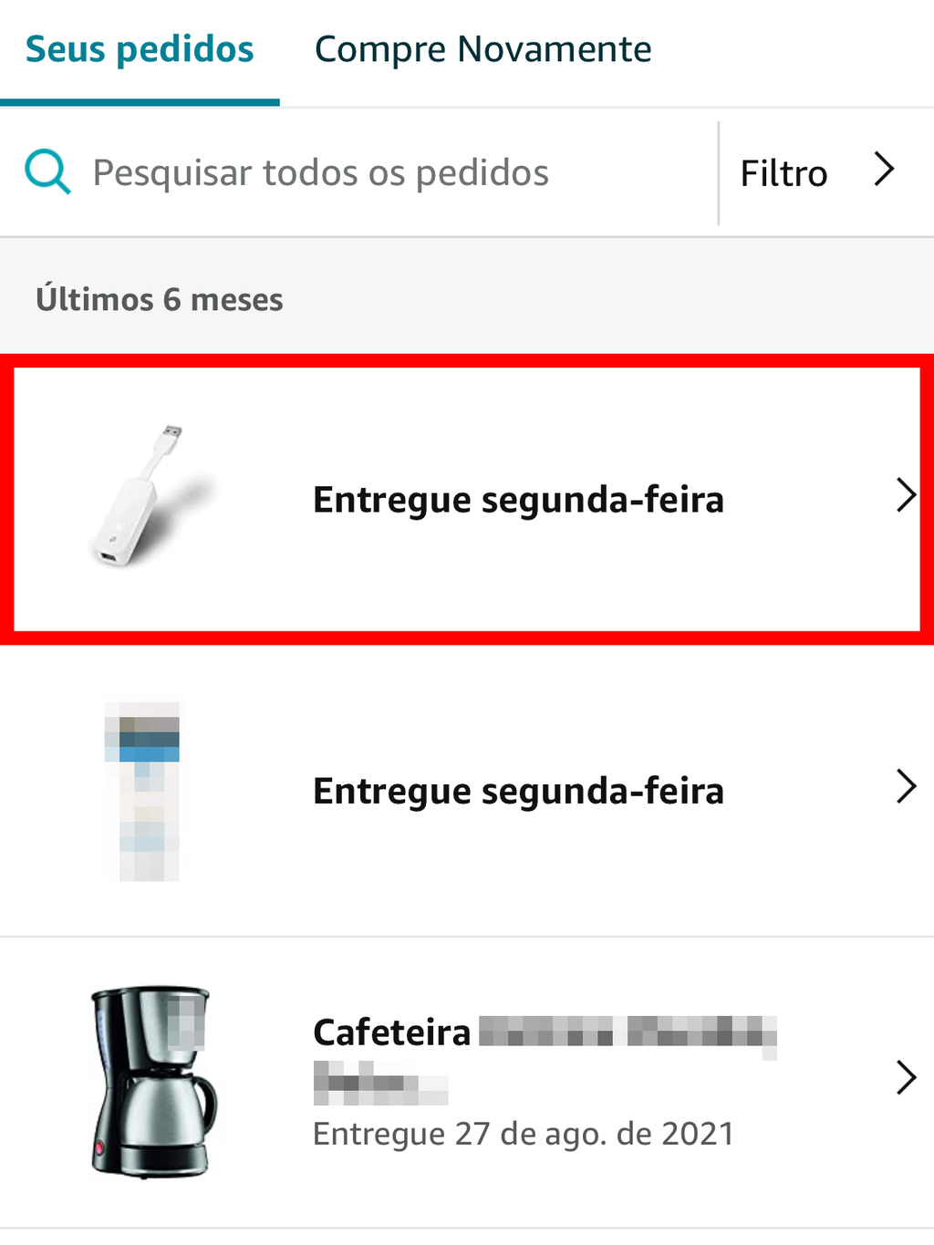 Toque no item que você deseja devolver e pedir reembolso no app da Amazon (Captura de tela: Caio Carvalho/Canaltech)
