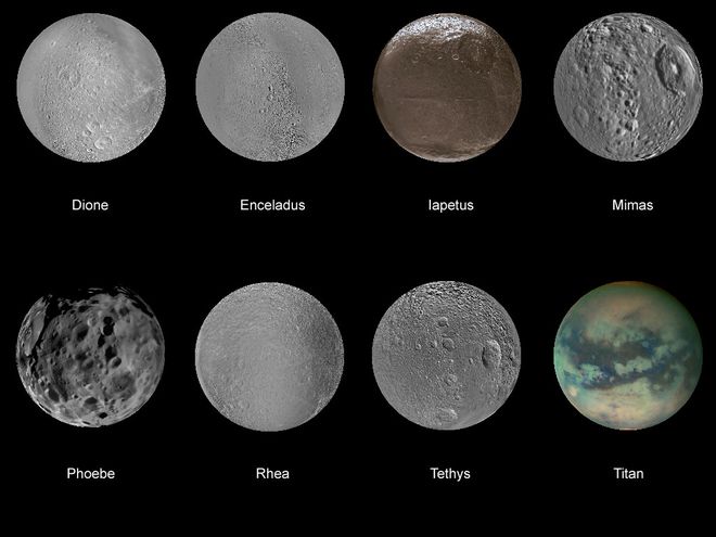 Algumas das mais importantes entre as mais de 60 luas que orbitam Saturno