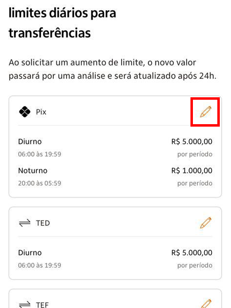 Selecione para editar o limite de transferências pelo Pix (Imagem: André Magalhães/Captura de tela)