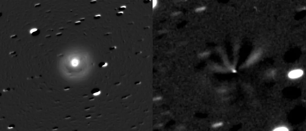 Cometa 29P fotografado após uma explosão de material, com destaque para os envelopes de gás e poeira em expansão (Imagem: Reprodução/Juan lacruz)
