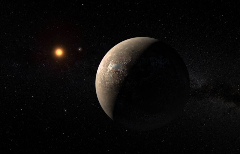 A ilustração demonstra o exoplaneta Proxima Centauri b orbitando Proxima Centauri e, mais ao longe, Alpha Centauri A e B (Imagem: Reprodução/ESO/M. Kornmesser)