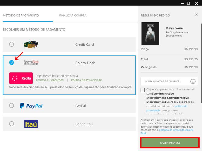 Selecione um método de pagamento e clique em "Fazer pedido" (Captura de tela: Matheus Bigogno)