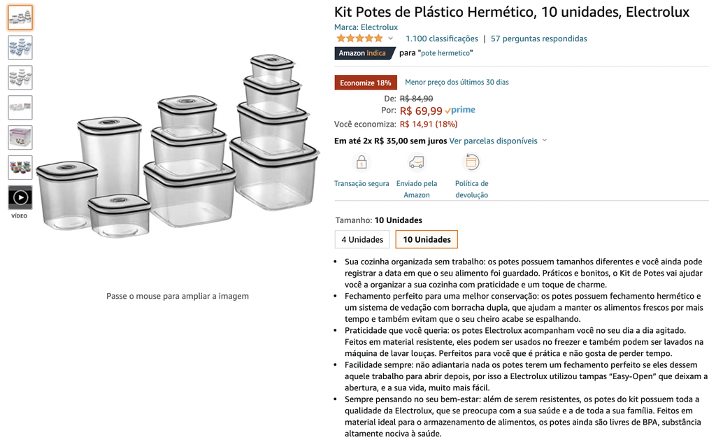Kit Potes de Plástico Hermético 10 unidades Electrolux 41555 - Canaltech  Ofertas