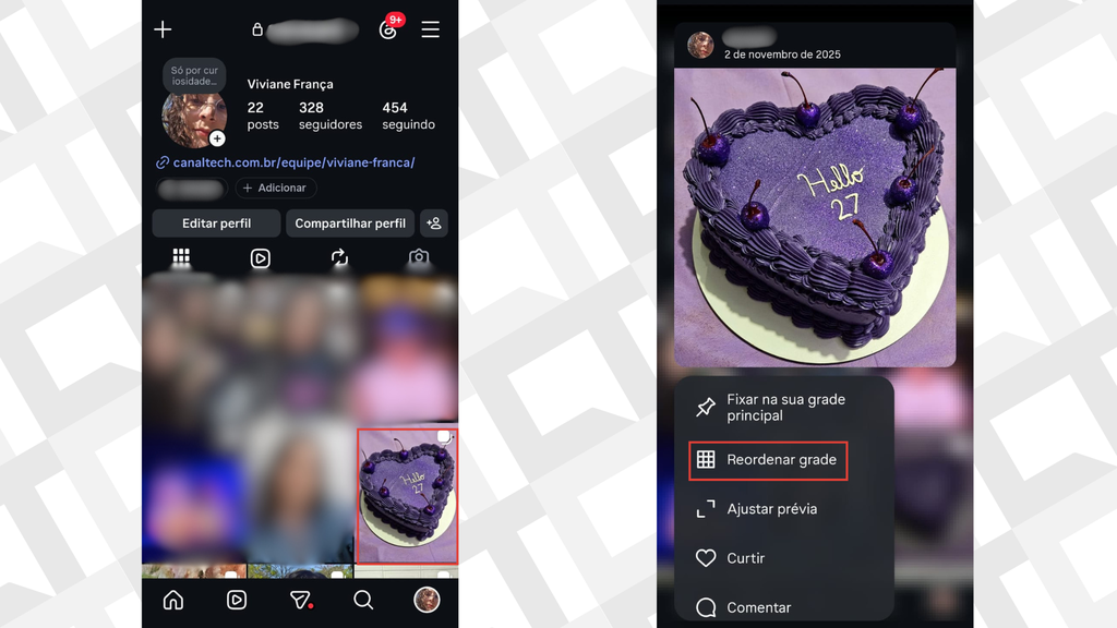 Passos para reordenar grade no Instagram