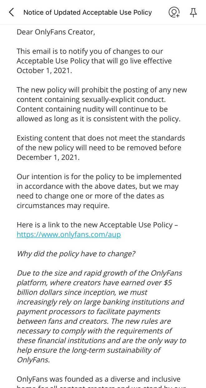 OnlyFans começa a notificar criadores de conteúdo sobre a mudança na política de uso (Imagem: Reprodução)