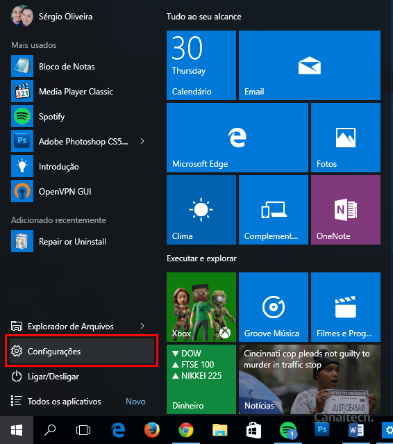 Tudo começa pelas Configurações do Windows 10, que podem ser acessadas a partir do menu Iniciar