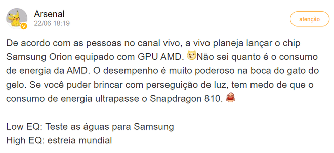 O comentário de Arsenal (traduzido via Google Tradutor) sugere que o Exynos com AMD pode chegar a smartphones de outras marcas (Imagem: Renan da Silva Dores/Captura de tela)
