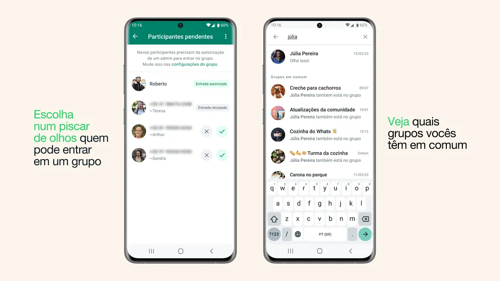 O WhatsApp lançou duas novidades: escolher quem pode entrar nos grupos e saber quais vocês têm em comum (Imagem: Divulgação/WhatsApp)