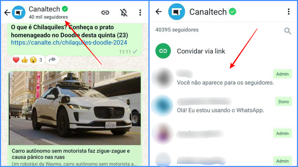 É possível ver a lista de seguidores de um canal no WhatsApp no celular (Imagem: Captura de tela/Fabrício Calixto/Canaltech)
