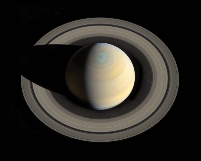 A animação sugere como será a aparência dos anéis de Saturno em 100 milhões de anos, antes de desaparecerem por completo em 300 milhões de anos (Imagem: NASA)