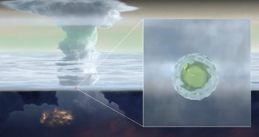 Representação de uma mushball descendo pela atmosfera de um planeta (Imagem: Reprodução/NASA/JPL-Caltech/SwRI/CNRS)