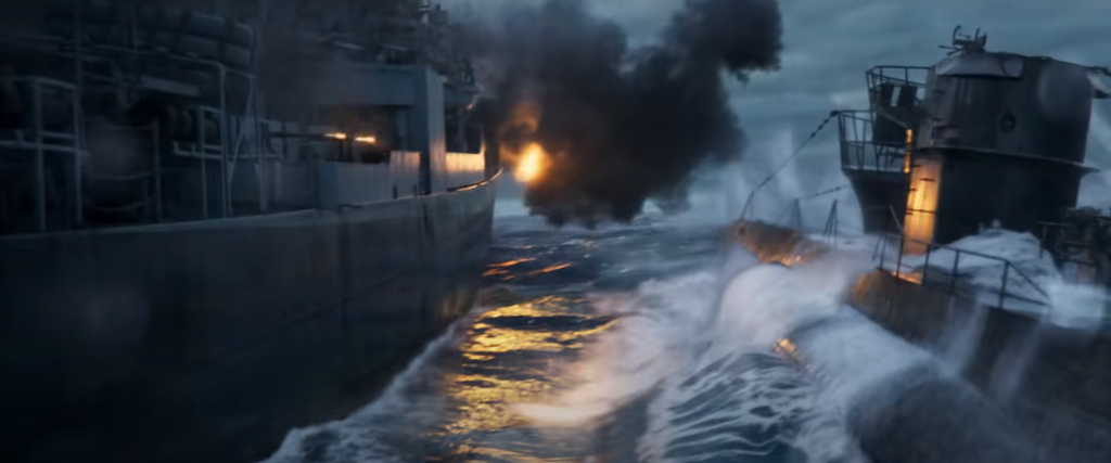 Navio e submarino próximos um do outro no filme (Imagem: Captura de tela/Canaltech)