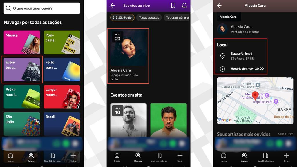 Passos para visualizar local e horário dos shows no Spotify