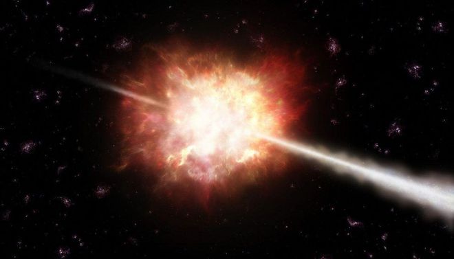 Ilustração da explosão de raios gama GRB 090423, ocorrida há cerca de 13 bilhões de anos (Imagem: Reprodução/ESO/A. ROQUETTE)