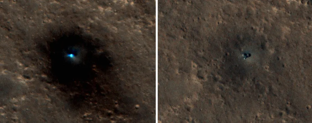 À esquerda, a InSIght registrada logo após seu pouso em 2018. Á direita, a sonda atualmente coberta de peoira (Imagem: Reprodução/NASA/JPL-Caltech/UArizona)