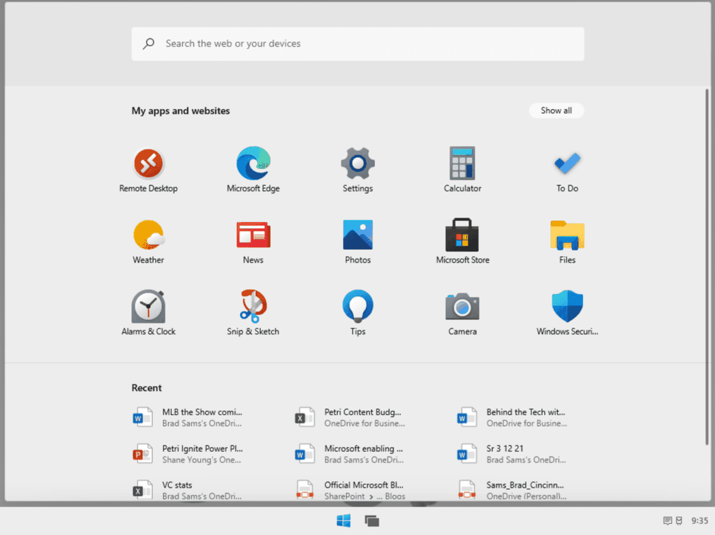 Windows 10X tem botão iniciar central, tela mais "limpa" e bem menos recursos (Imagem: Reprodução/Petri)
