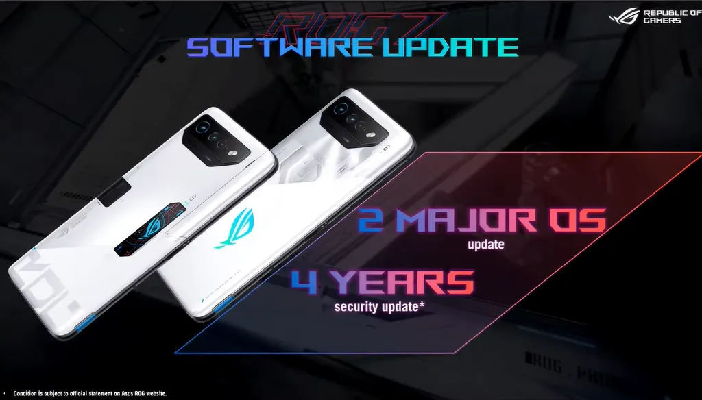 A ASUS promete 2 grandes atualizações de sistema e 4 anos de updates de segurança para a família ROG Phone 7 (Imagem: Reprodução/ASUS)