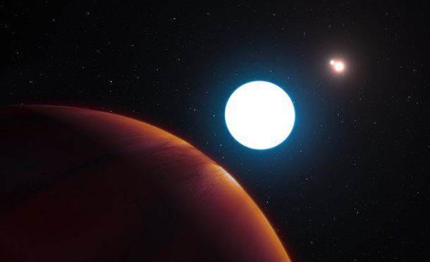 Representação do planeta HD 131399Ab, que faz parte de um sistema estelar tripo (Imagem: Reprodução/ESO/L. Calçada)
