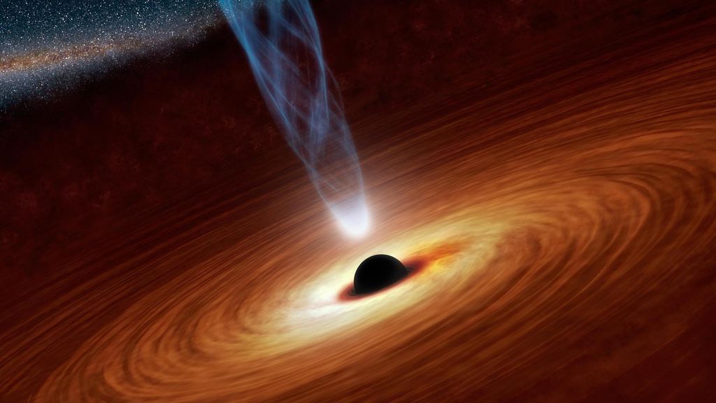 Buraco negro supermassivo com disco de acreção ao redor e jato relativístico (Imagem: ReproduçãoNASA/JPL-Caltech)