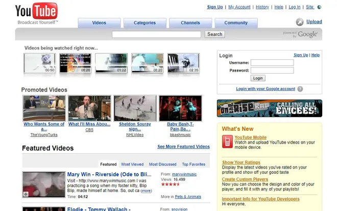 O YouTube apostou em um visual com mais conteúdo em 2007 (Imagem: Reprodução/Web Design Museum)