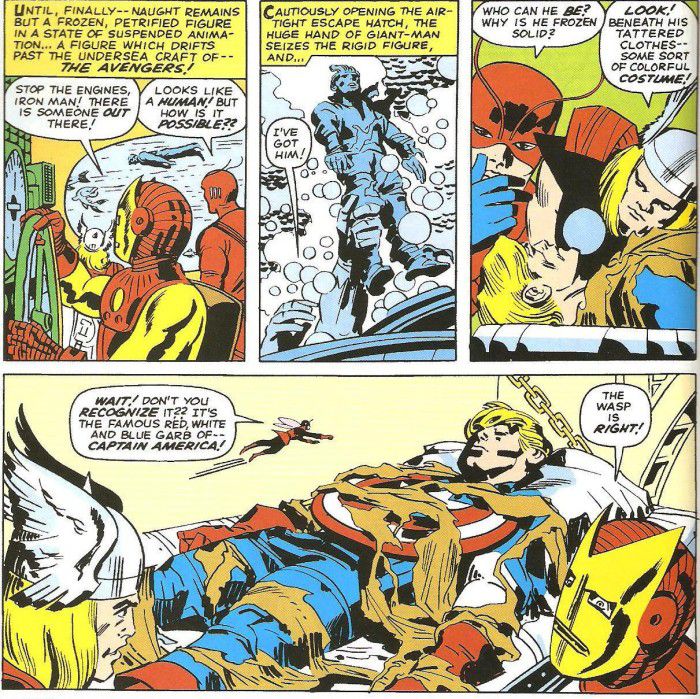 O descongelamento do Capitão América apareceu pela primeira vez em 1964, quase 25 anos depois da criação do personagem (Imagem: Reprodução/Marvel Comics)
