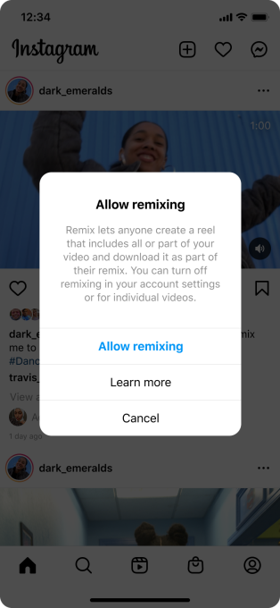 O remix pode ser desabilitado no menu de configurações da conta ou direto na publicação desejada (Imagem: Reprodução/Instagram)