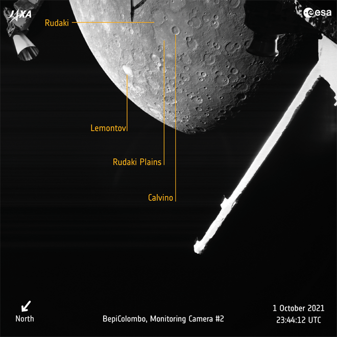 Imagem feita a cerca de 2.418 km de Mercúrio, que mostra parte do hemisfério norte do planeta (Imagem: Reprodução/ESA/BepiColombo/MTM)
